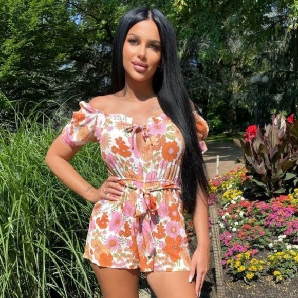 Orange Floral Print Short Sleeve Off Shoulder Belted Romper Playsuit - Picture 1 of 12